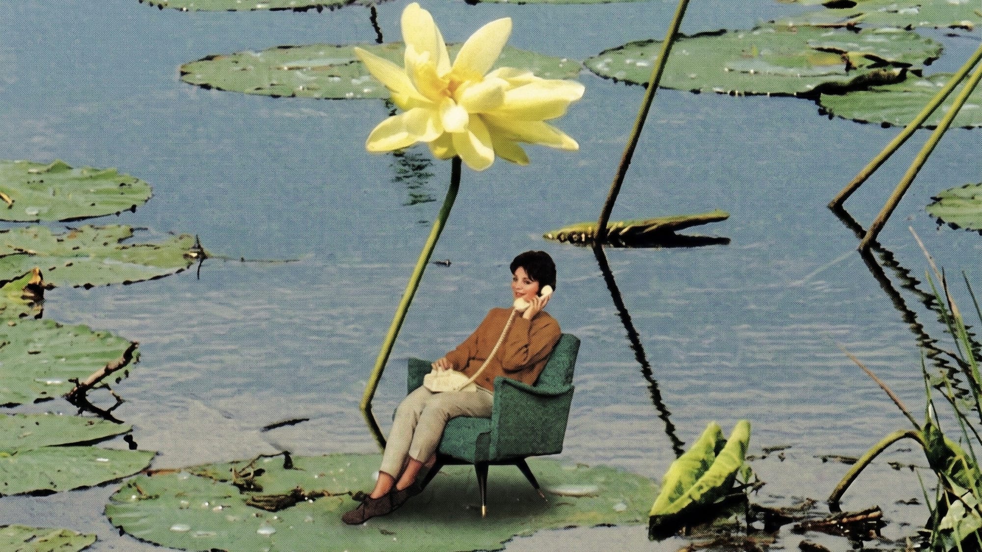 A woman in a brown jumper on the phone in a green armchair on a lily pad in the middle of a pond, with a giant yellow flower above her.
