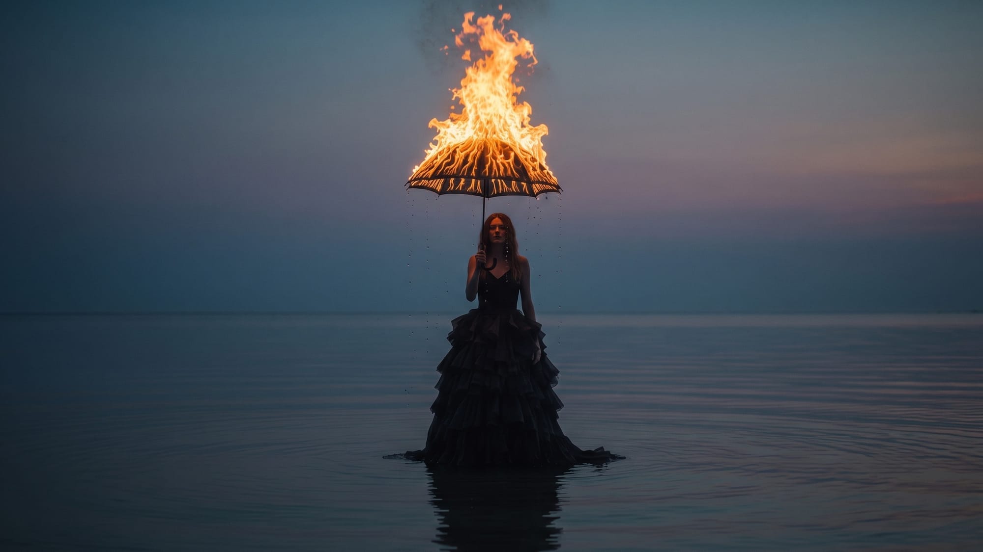 A woman in a black dress stands in the sea at dusk, holding a burning umbrella above her.