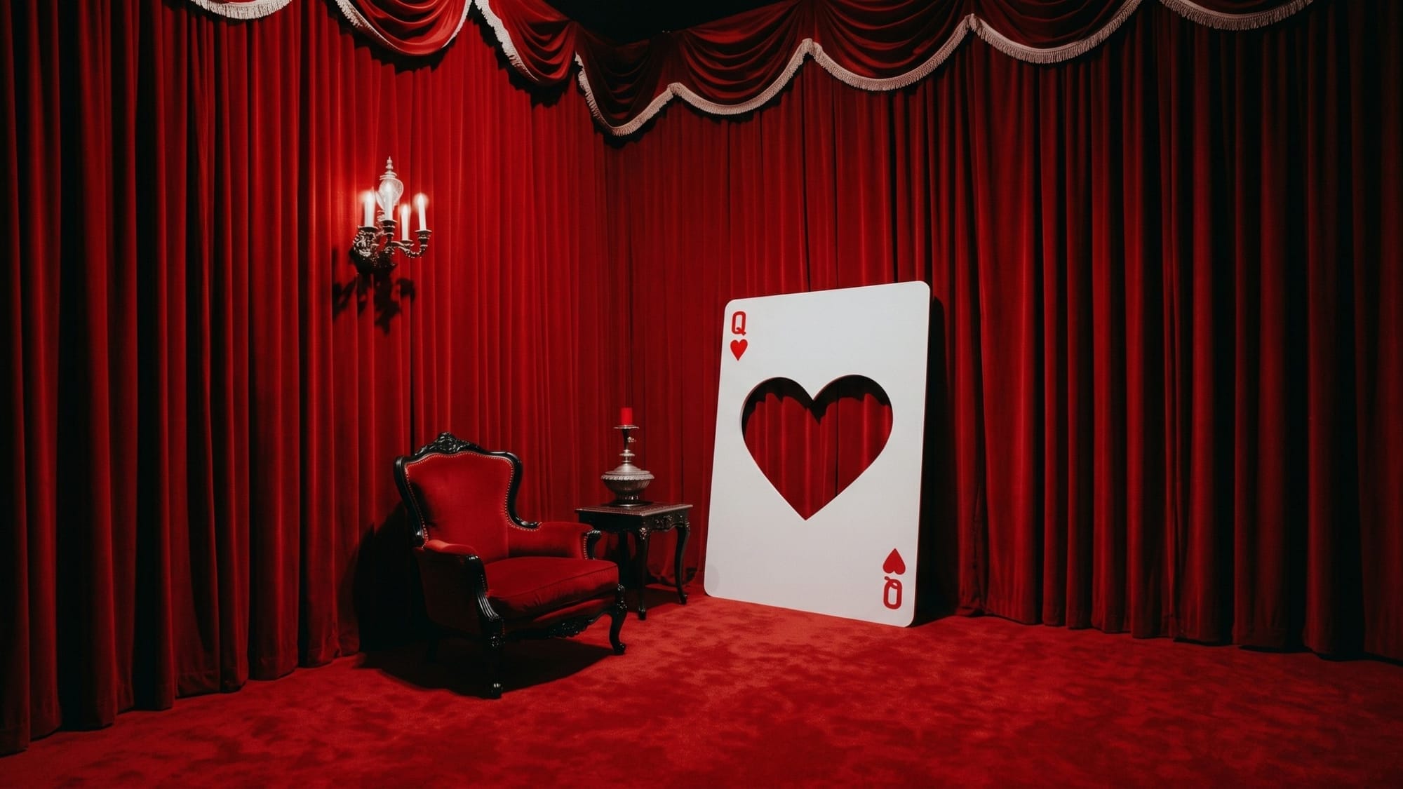 A giant queen of hearts playing card with its heart cut out stands in a hall with red curtains next to a red armchair.