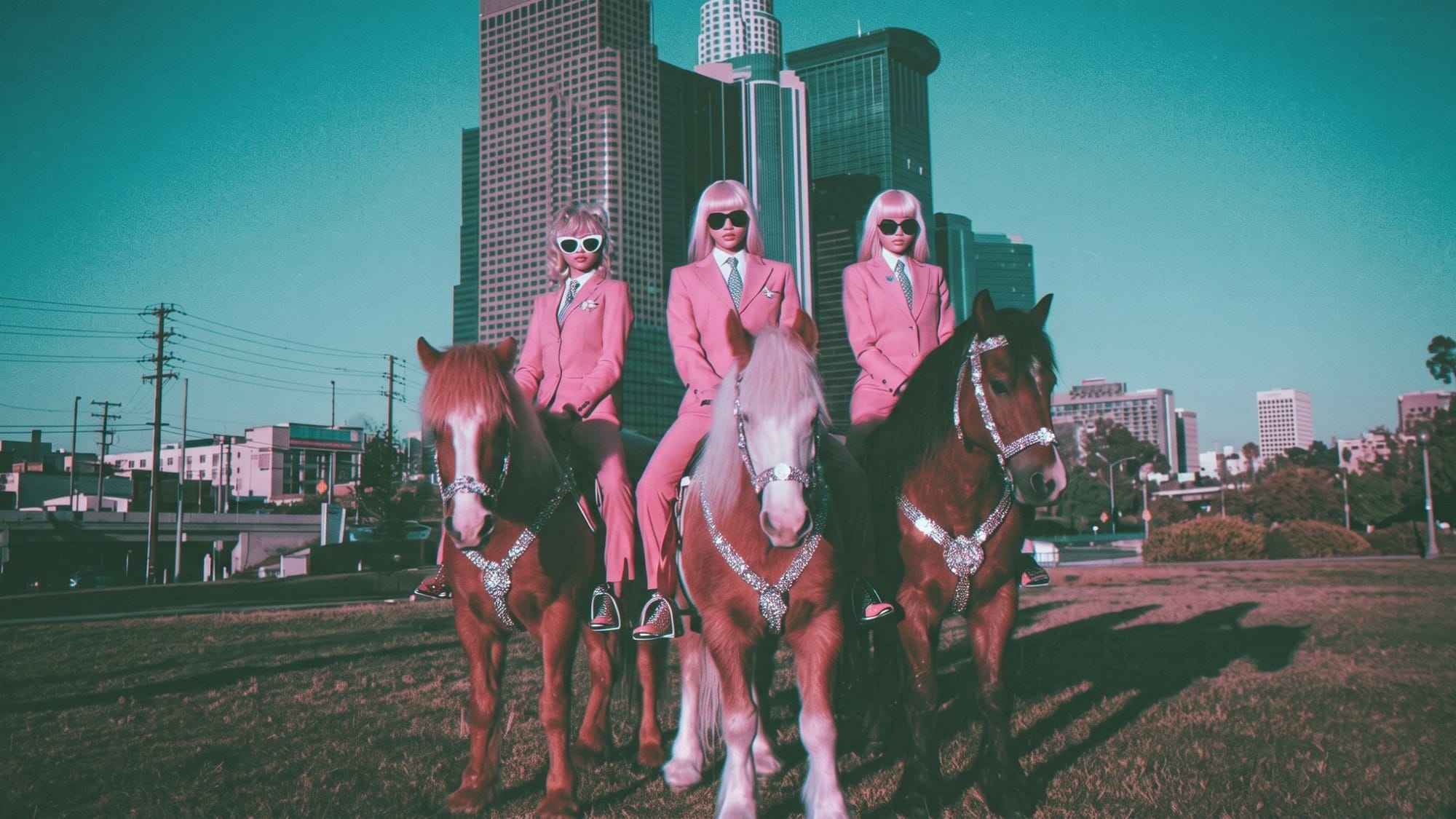 Three women in pink suits and dark glasses sit on horses on a lawn in front of skyscrapers.