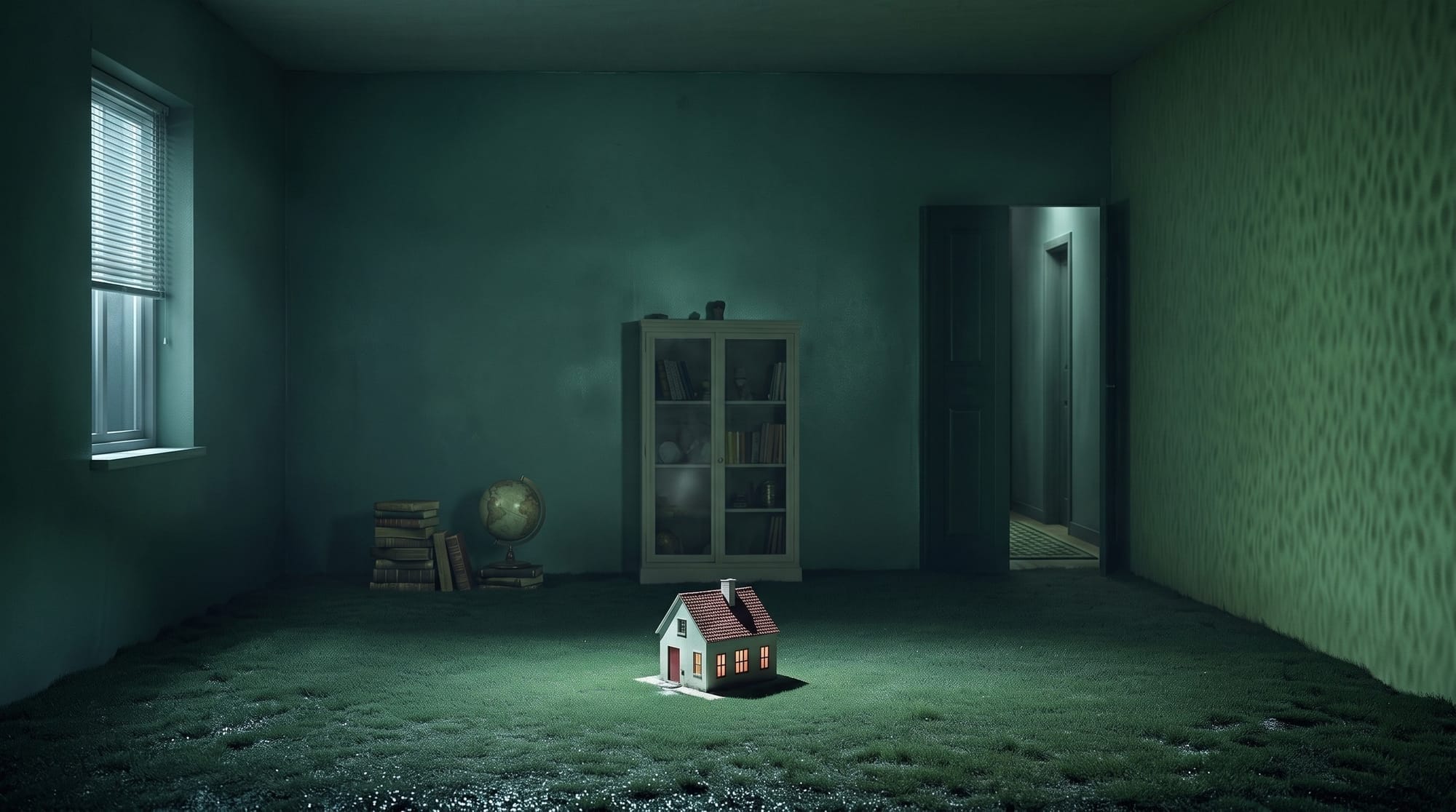 A small lit house stands in the middle of a large empty green room with a half-open door.