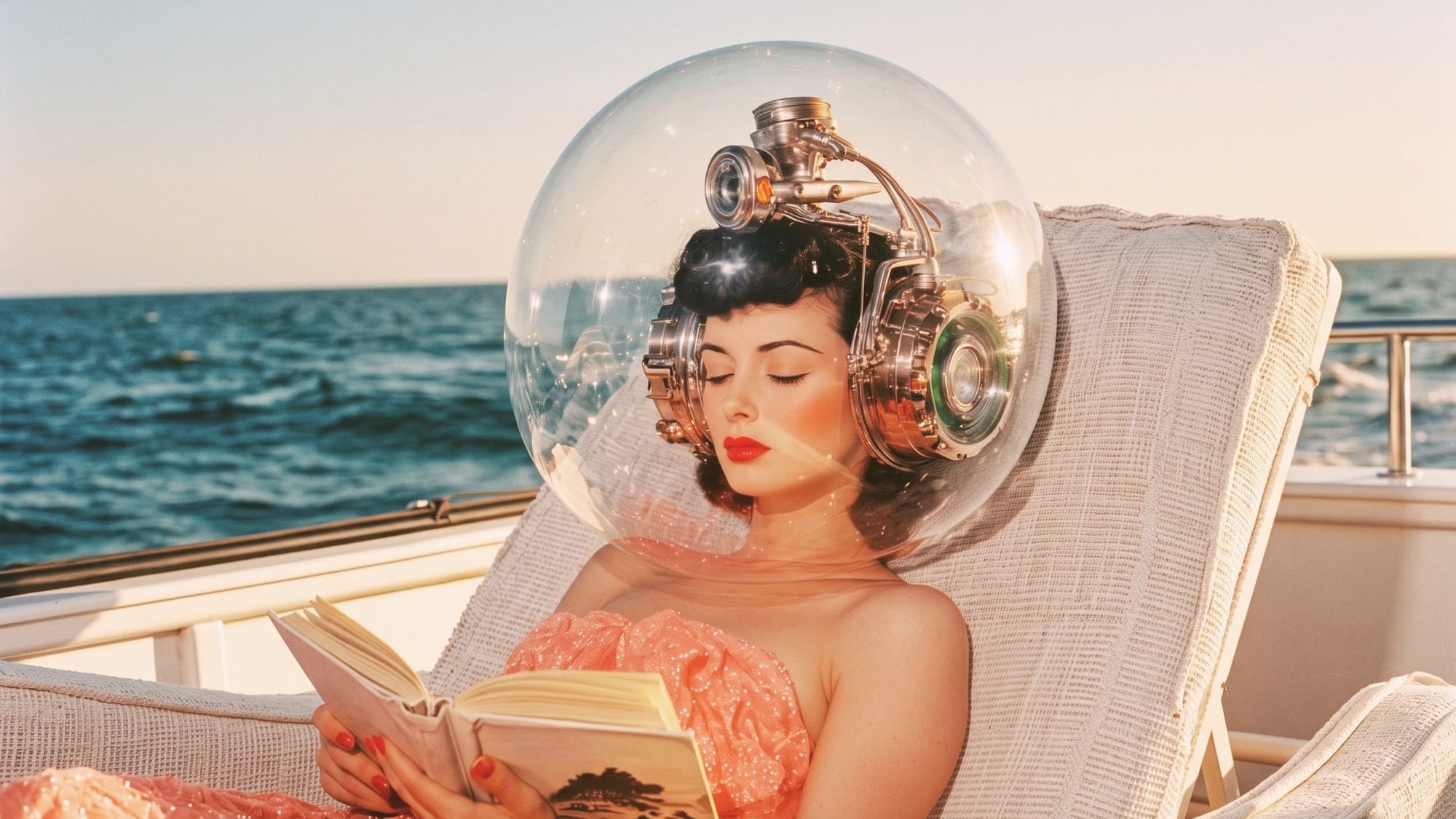 A woman with her head inside a glass globe and wearing headphones lies on a lounger on the deck of a yacht, eyes closed, with a book.