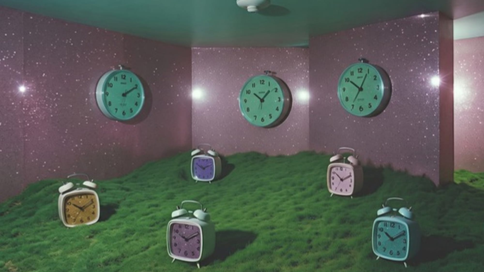 A room full of clocks, each showing a different time