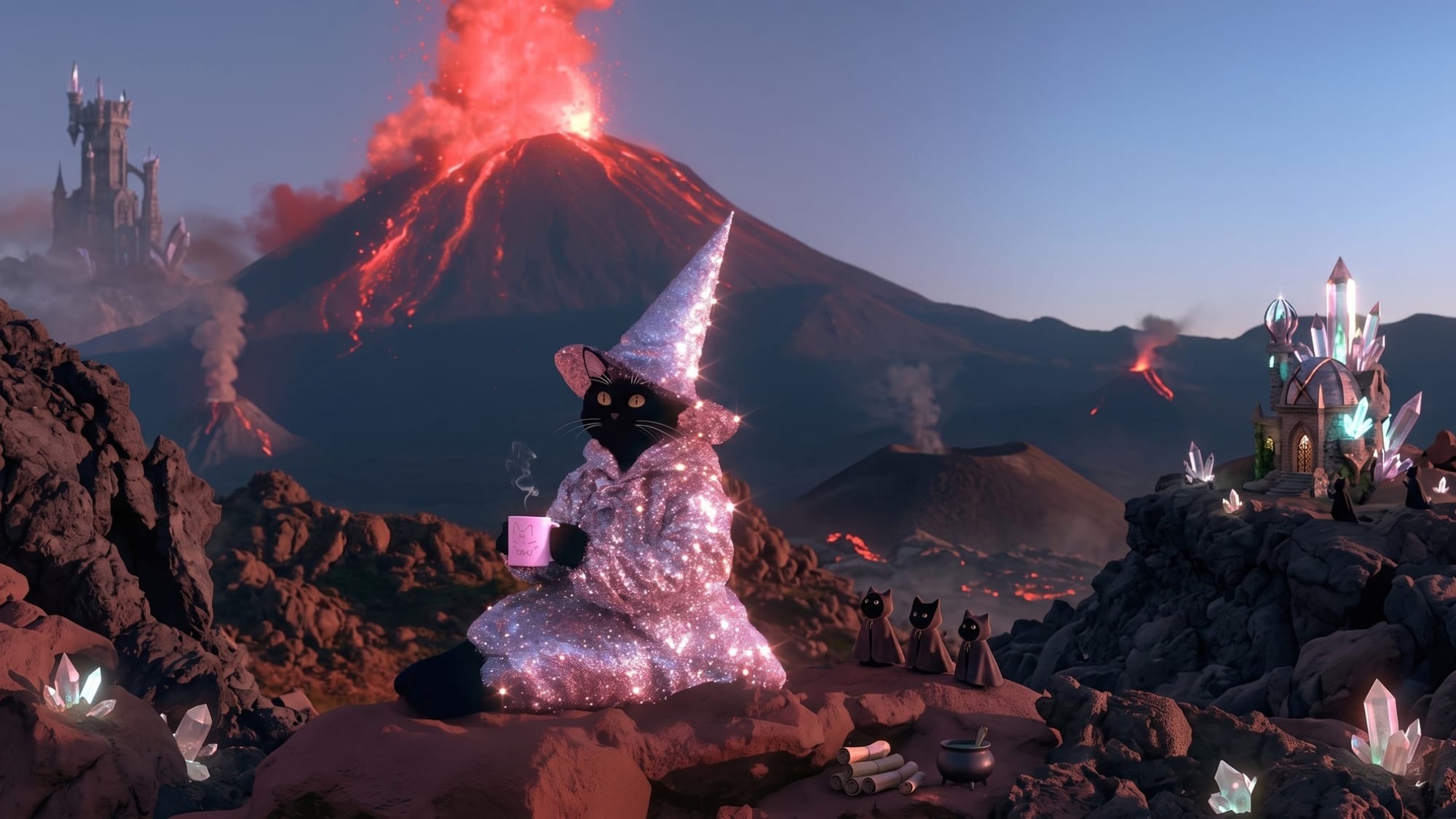 A black cat in a glittering witch’s cloak and hat sits on a rock with a mug, a volcano erupting behind it and castles standing in the distance.
