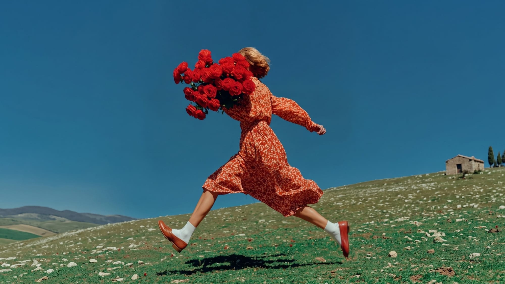 A woman in an orange floral dress leaps over a green hill holding a large bouquet of red roses, with a cobalt sky and a stone house with cypress trees behind her.