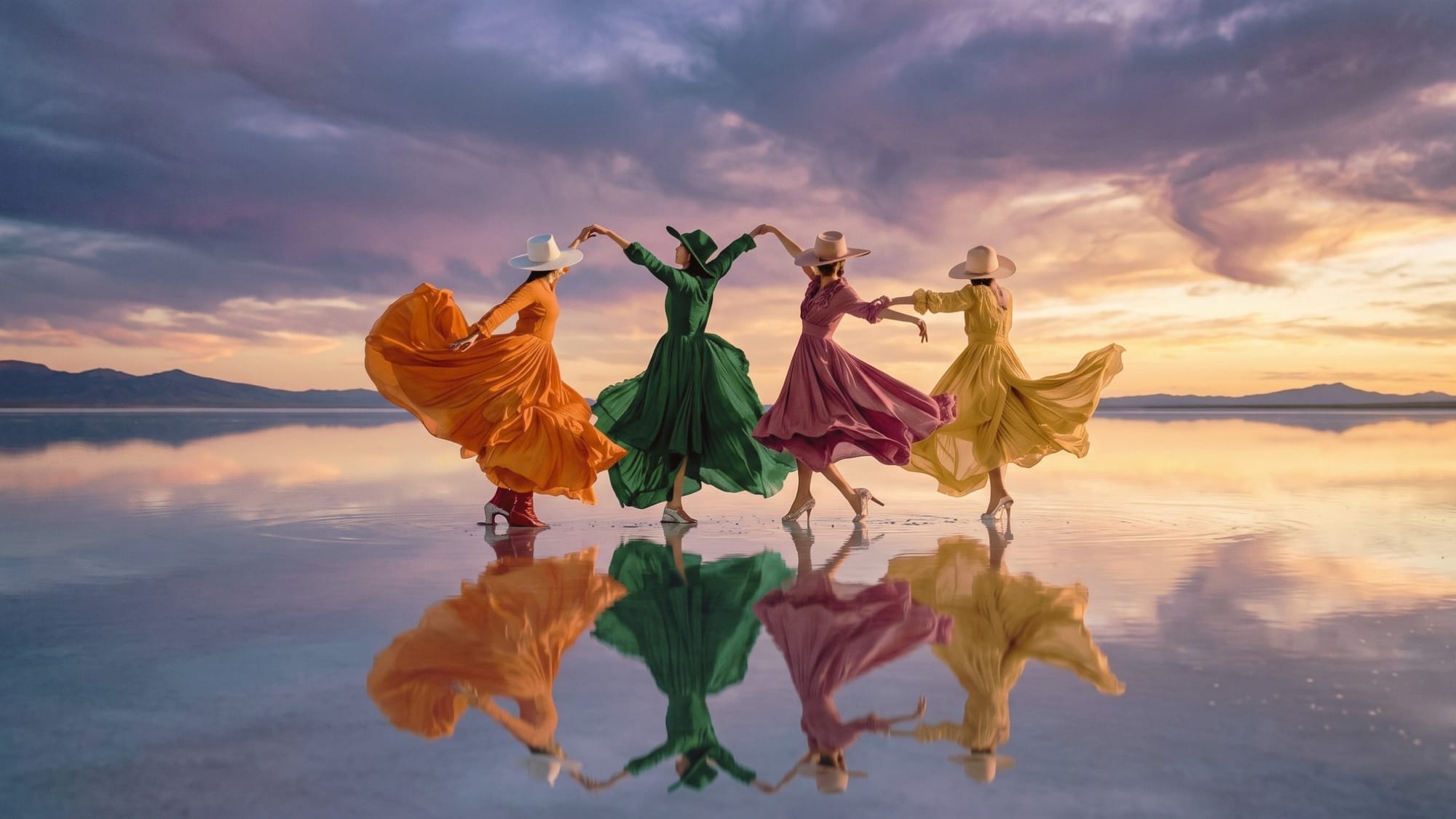 Four women in colourful dresses and hats hold hands and dance on a mirror-like salt flat at dusk.
