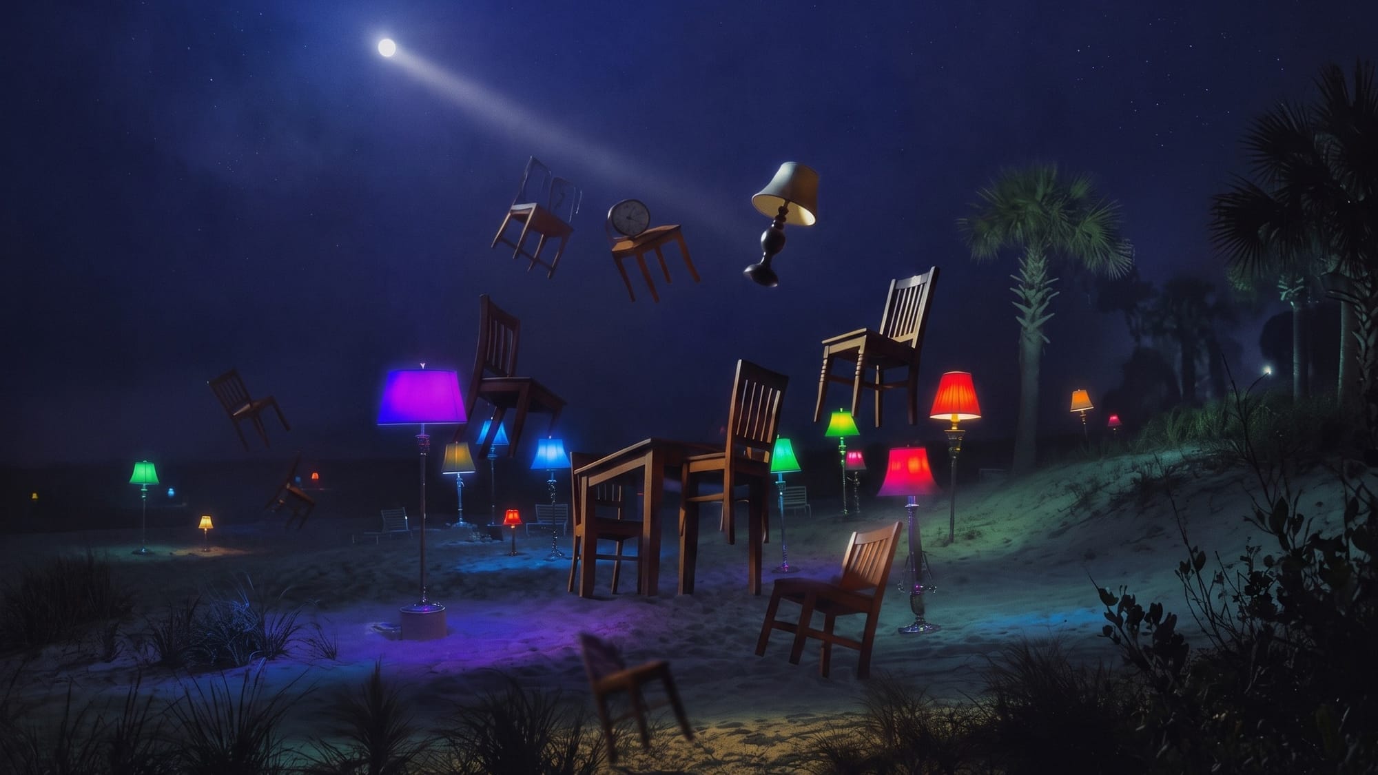 Wooden chairs and a lamp rise into the air at night on a beach in a beam of moonlight, surrounded by glowing coloured lamps.