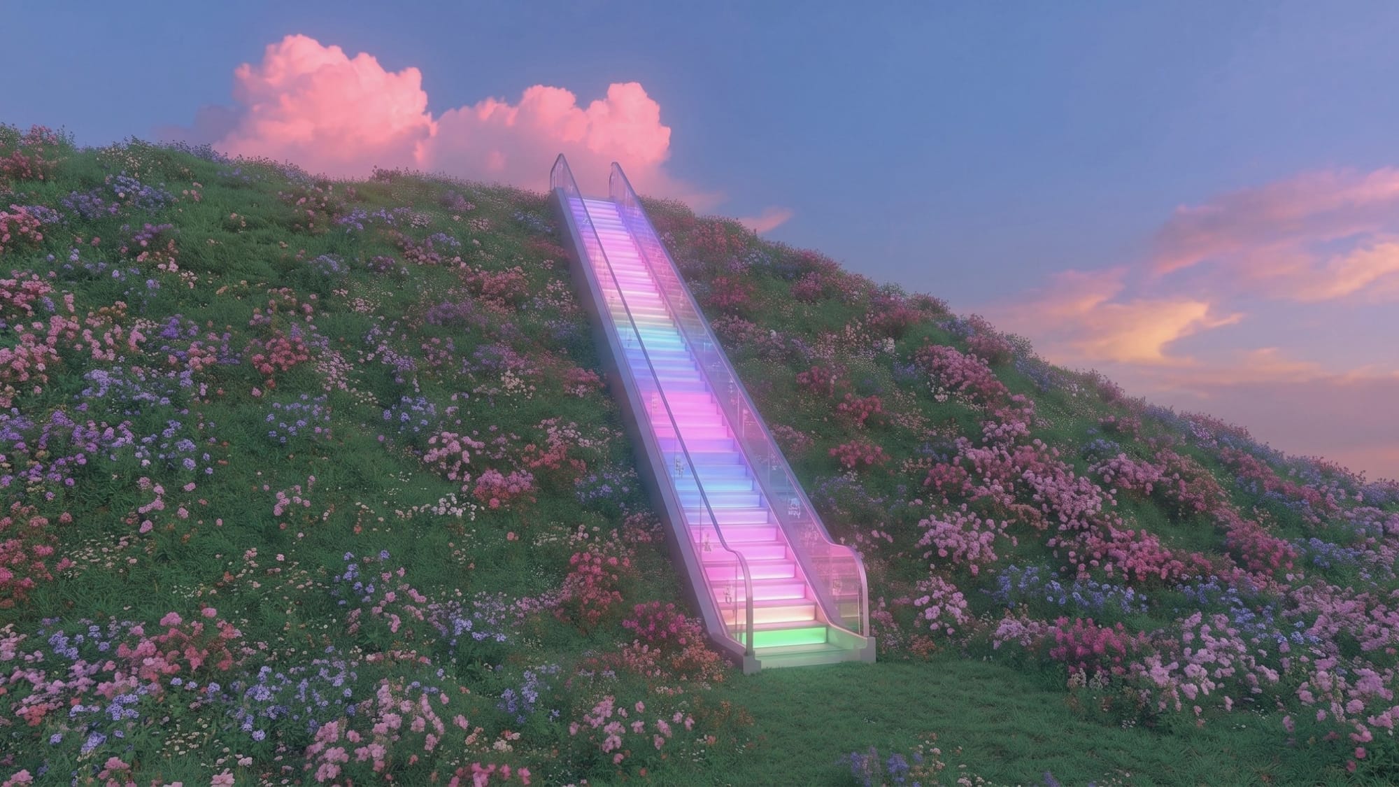 An empty, glowing rainbow escalator leads up a blossoming green hill towards a pink cloud.