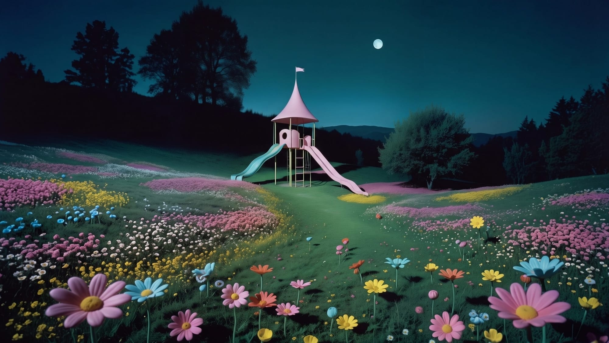A pink climbing frame with two slides stands at night under a full moon in the middle of a flowering meadow.
