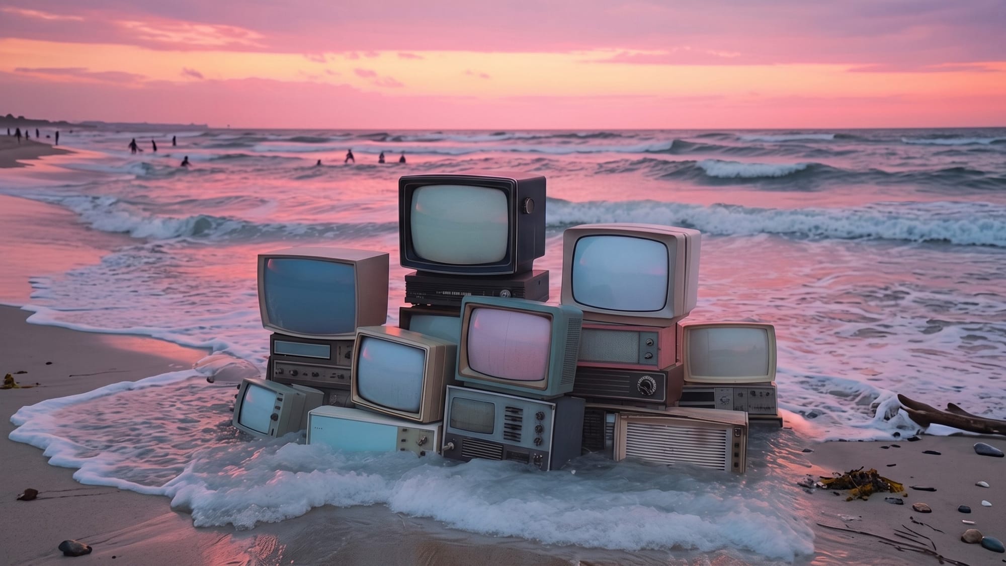 A pile of old televisions and radios in the surf on a beach under a pink sunset, with people swimming in the waves in the distance.