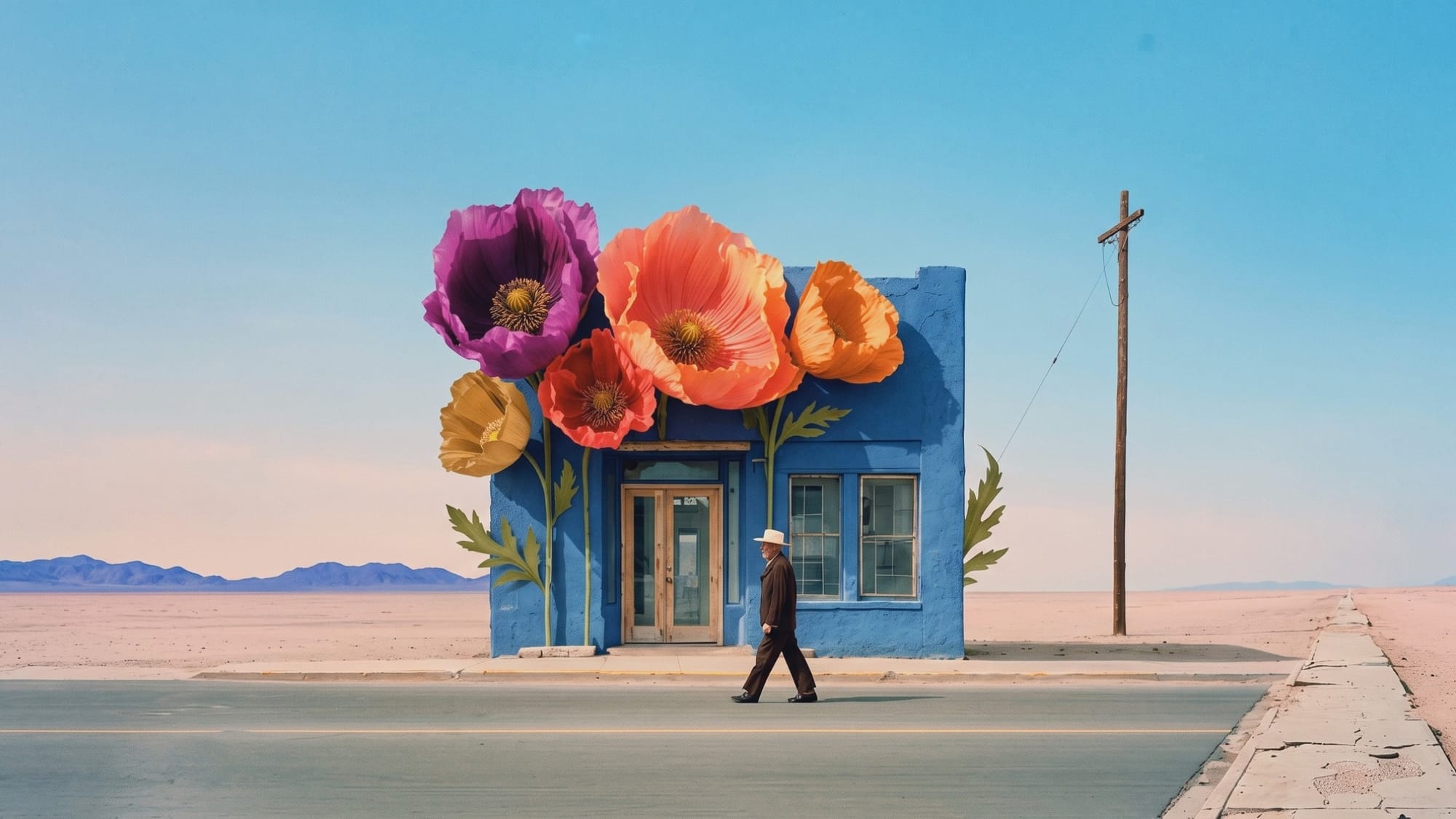 A small blue shop with giant colourful poppies on its facade stands in the desert as a man in a suit and hat walks past.