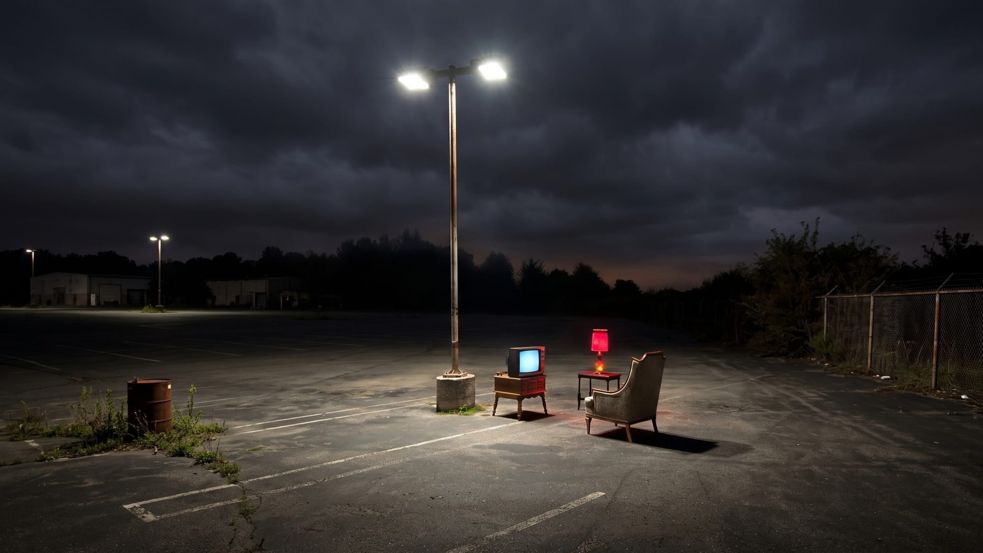 An empty armchair, a red lamp and a small glowing television stand at night in the middle of a deserted car park under a street lamp.