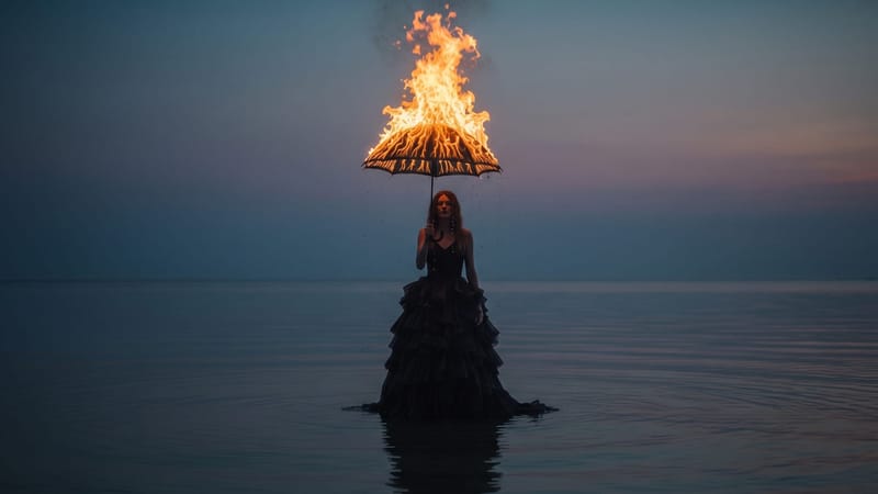 A woman in a black dress stands in the sea at dusk, holding a burning umbrella above her.