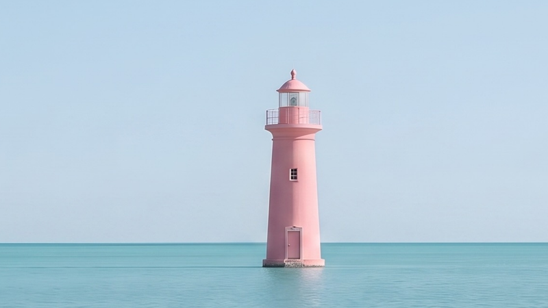 A lone pink lighthouse standing in a calm turquoise sea under a clear sky