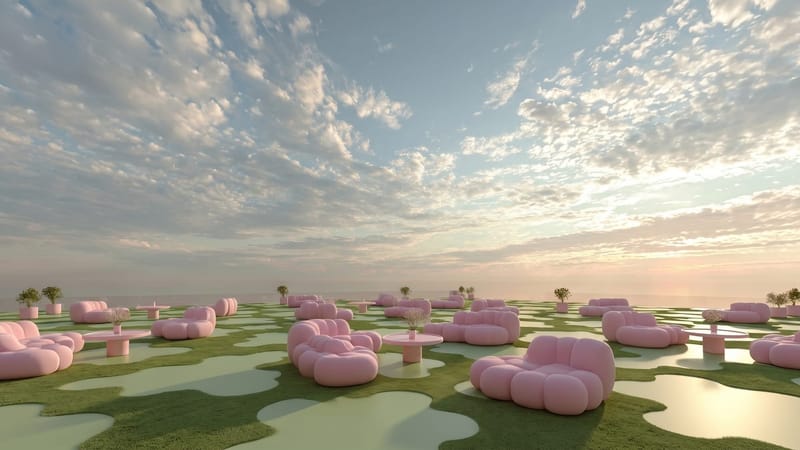 Dozens of identical pink sofas and coffee tables on a green expanse with puddles under a cloudy sky, without a single person in sight.
