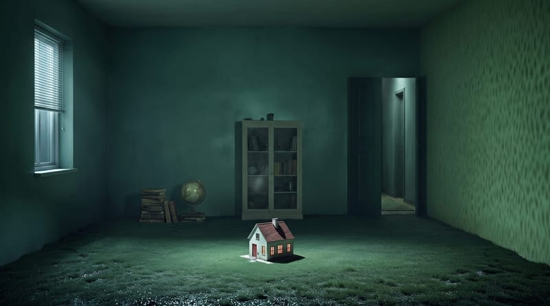 A small lit house stands in the middle of a large empty green room with a half-open door.