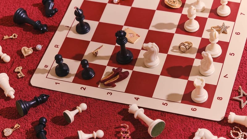 A red and cream chessboard on a red carpet, surrounded by toppled black and white pieces and gold jewellery.