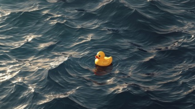 A yellow rubber duck on the surface of a vast dark ocean