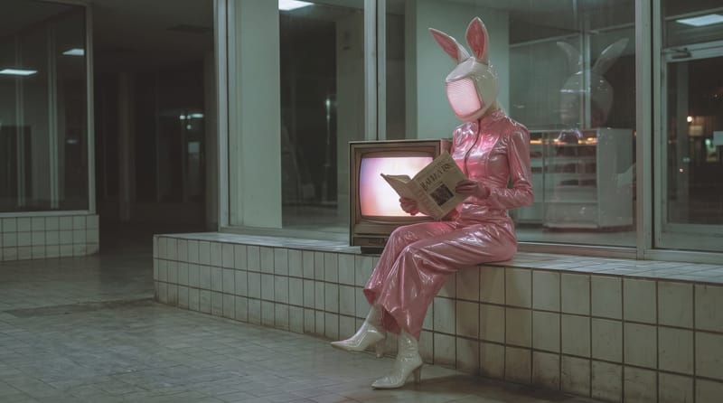 A figure in a pink jumpsuit and a rabbit mask with a screen for a face reads a newspaper next to an old television.