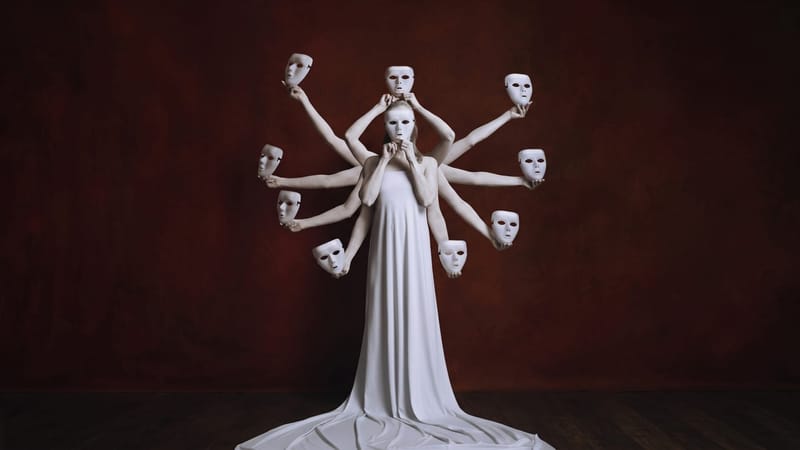 A woman in a white dress holds a mask to her face, surrounded by many white arms holding more white masks.