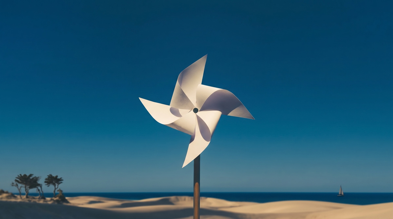 A white paper pinwheel on a stick against a cobalt blue sky, with sand dunes, the sea and a small sailing boat in the background