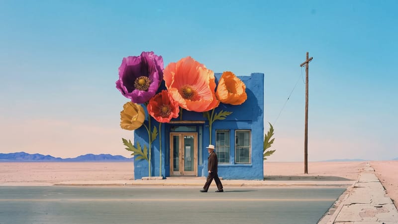 A small blue shop with giant colourful poppies on its facade stands in the desert as a man in a suit and hat walks past.