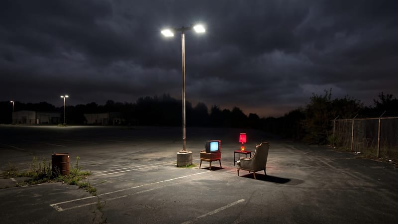 An empty armchair, a red lamp and a small glowing television stand at night in the middle of a deserted car park under a street lamp.