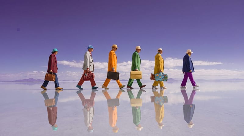 Six men in colourful suits walk across a mirrored salt flat, illustrating creator exclusivity on YouTube